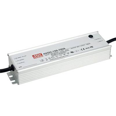 Obdélníkový stříbrný LED driver s modelovým číslem HVGC-150-700A, vyrobený společností MW. Vhodný pro venkovní osvětlení, s několika možnostmi připojení.