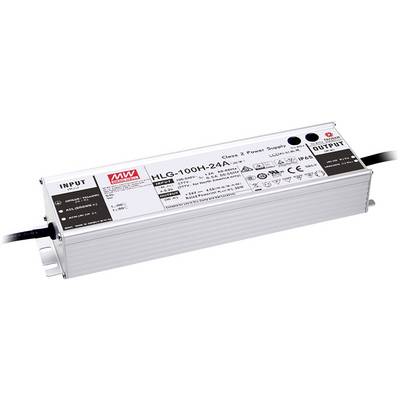 Stříbrný LED napájecí zdroj značky MW. Má výkon 100 W a výstupní napětí 24 V. Připojovací kabely jsou viditelné.