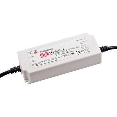 LED napájecí zdroj LPF-90D-24 od společnosti Mean Well s technickými specifikacemi na štítku. Vhodný pro použití v LED osvětlovacích systémech.