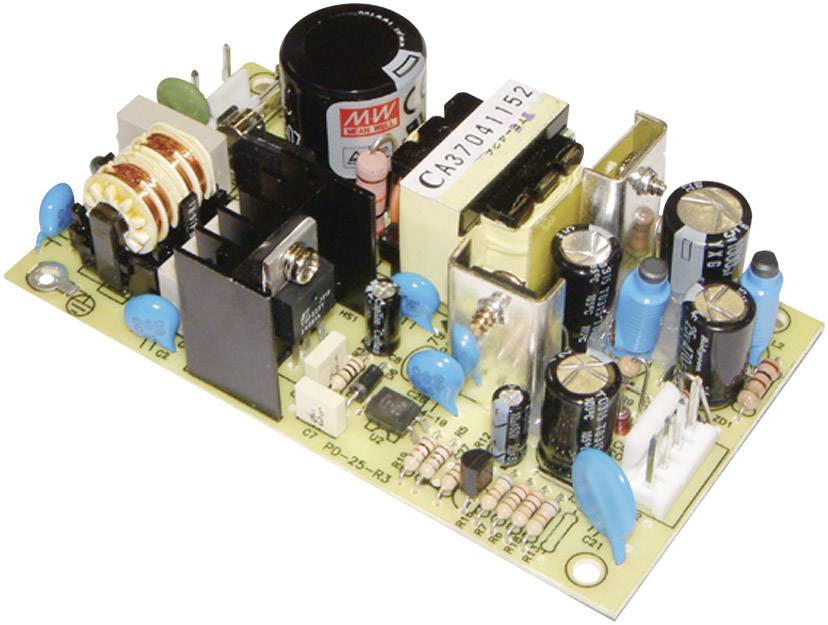Na obrázku je deska plošných spojů s různými elektronickými součástkami, jako jsou kondenzátory, rezistory a cívky. Zobrazuje typické zapojení napájecího zdroje.