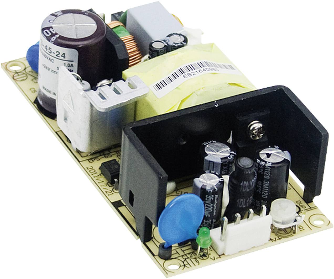 Deska plošných spojů s různými elektronickými komponenty, jako jsou kondenzátory, cívky a konektory.