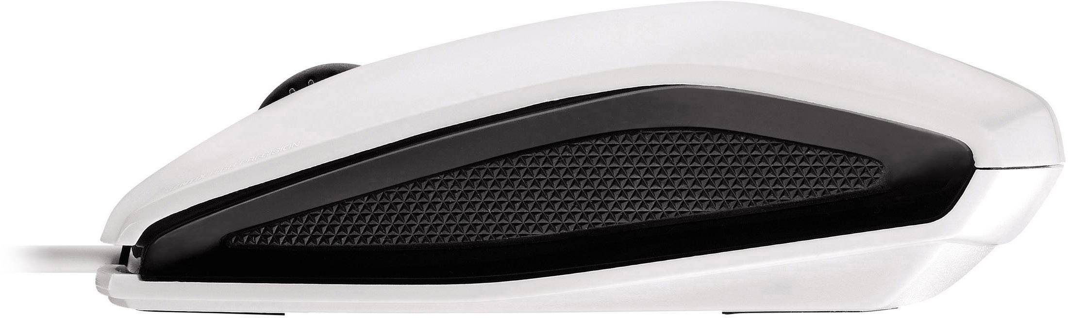 Bílá počítačová myš s černým akcentem, pohled z boku. Ukazuje ergonomický design s hladkým povrchem a kolečkem pro scrollování.