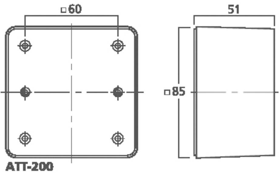 Technický výkres čtvercové kovové desky ATT-200 se čtyřmi montážními otvory. Rozměry: 60x85 a hloubka 51 mm.
