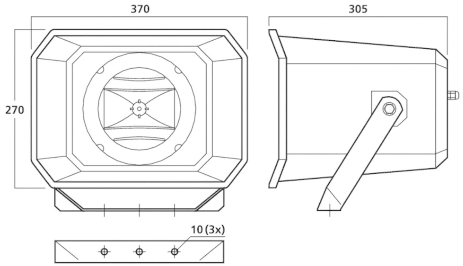 Technický výkres obdélníkového světlometu s rozměry: 370 mm šířka, 270 mm výška, 305 mm hloubka. Boční a přední pohled.