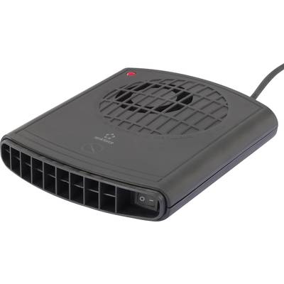 Černý elektrický topný ventilátor s viditelnou mřížkou a červenou kontrolkou. Zařízení má vypínač na boku.