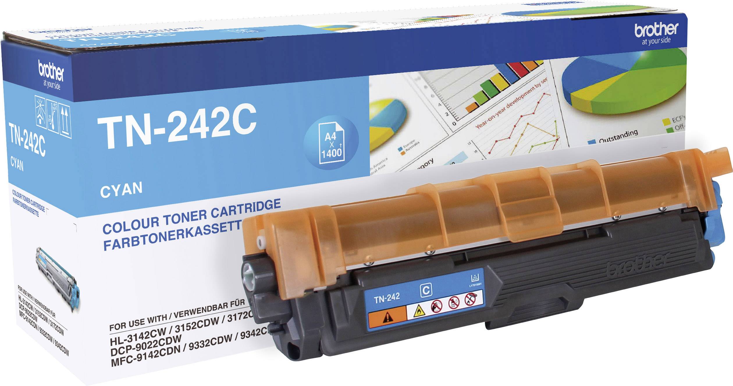 Obrázek zobrazuje azurovou tonerovou kazetu Brother TN-242C. Na obalu jsou vyobrazena různá schémata.