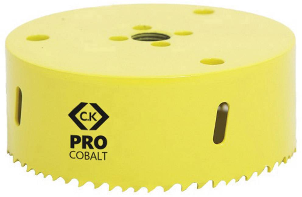 Žlutý nástavec děrovky s nápisem 'C.K Pro Cobalt', vhodný pro vrtání velkých děr do různých materiálů.