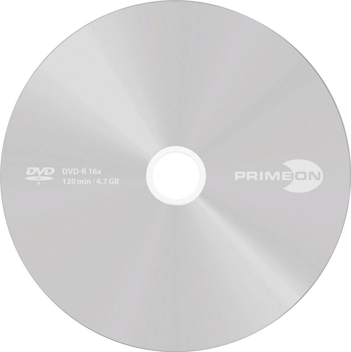 Stříbrný DVD-R disk s nápisem 'DVD-R 16x' a 'PRIMEON'. Kapacita 4,7 GB, doba záznamu 120 minut.