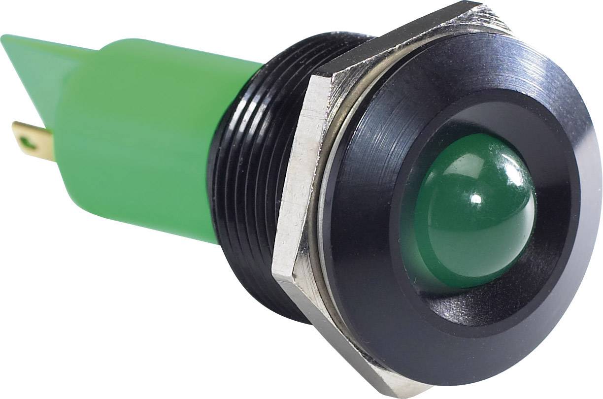 Zelený tlačítkový spínač s kulatým pouzdrem a kovovým upevněním, boční pohled. Elektrická komponenta pro řídící nebo spínací funkce.