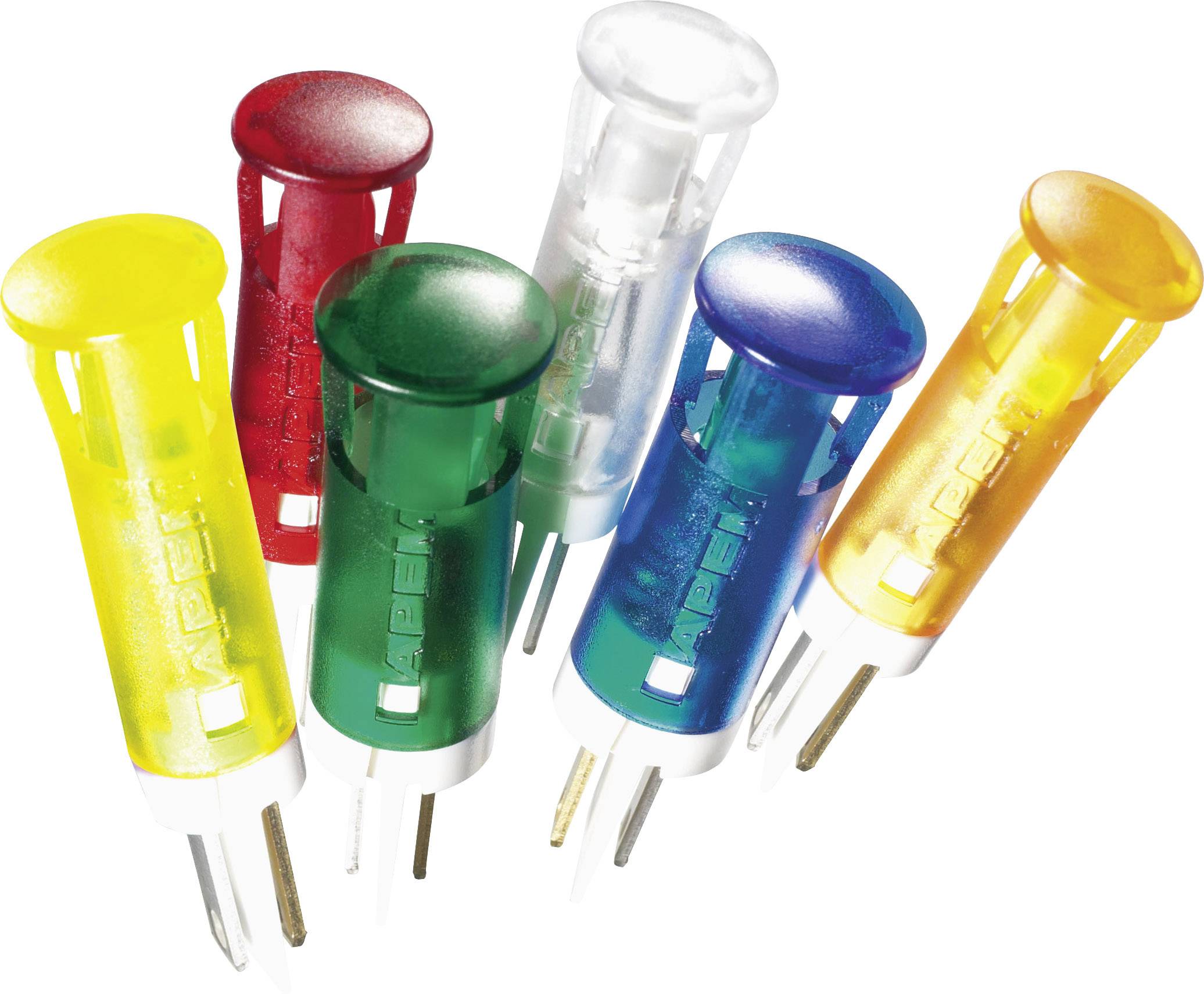 Šest barevných testovacích lamp pro elektrické zkoušky, uspořádaných vedle sebe v různých barvách.