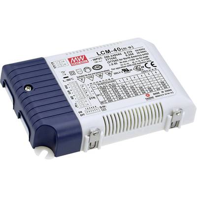 LED driver společnosti MEAN WELL, model LCM-40, s technickými údaji a bezpečnostními certifikacemi na štítku. Vhodný pro 220-240V AC.