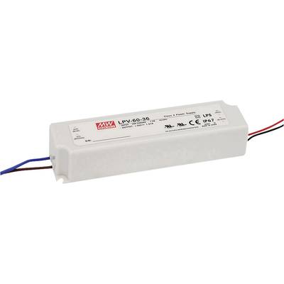 Obdélníkový bílý napájecí zdroj s označením modelu 'LPV-60-36' od společnosti Mean Well. Vhodný pro LED aplikace, certifikovaný podle IP67.