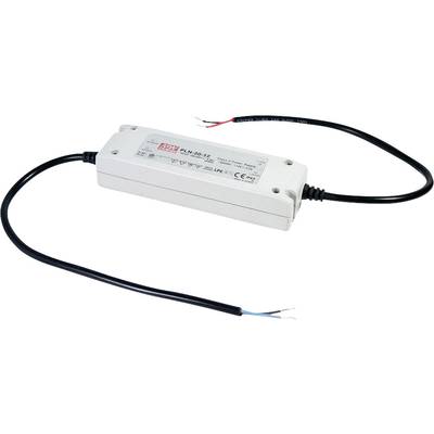 Bílý elektrický napájecí zdroj se dvěma černými kabely; jeden s holými vodiči a druhý s izolovanou zástrčkou, viditelné firemní označení.