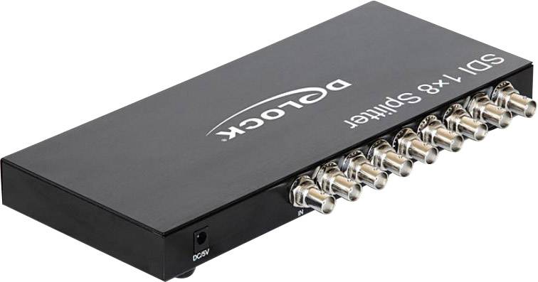 Černý SDI 1x8 rozbočovač od Delocku s osmi SDI výstupy a jedním DC vstupem, používaný pro distribuci signálu.