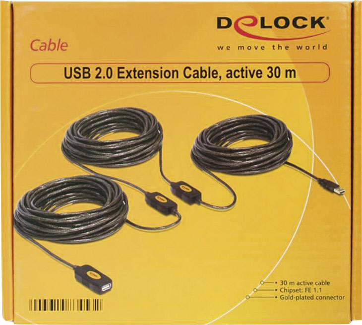 USB 2.0 prodlužovací kabel, aktivní, 30 m, zobrazený na oranžovém obalu s názvem značky a technickými údaji.