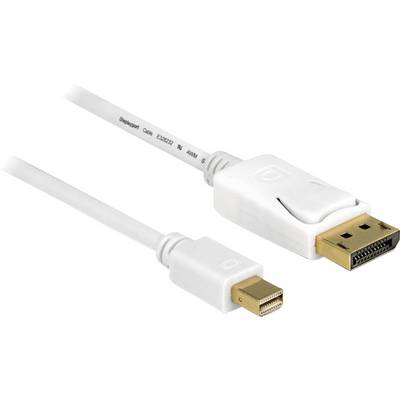 Bílý kabel Mini DisplayPort na DisplayPort. Vlevo konektor Mini DisplayPort, vpravo větší konektor DisplayPort. Ideální pro video připojení.