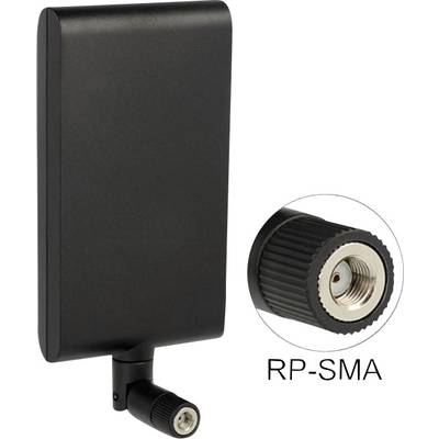 Černá, obdélníková anténa s RP-SMA konektorem, kompatibilní s WiFi zařízeními; zobrazuje detail připojení.