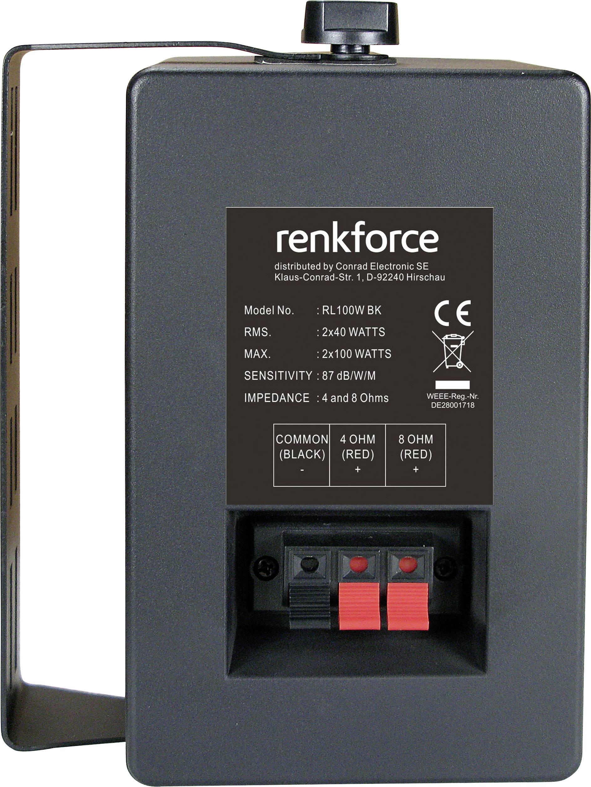 Černý reproduktor, značka renkforce. Modelové číslo RL100W BK. Maximální výkon 240 wattů. Vstupy pro 4 nebo 8 ohmů.
