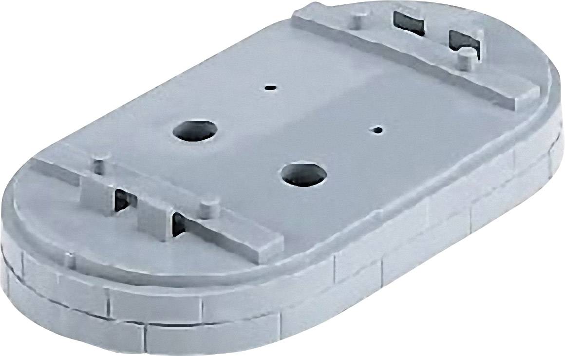 Šedý LEGO dílek v oválném tvaru s několika výstupky a zářezy.