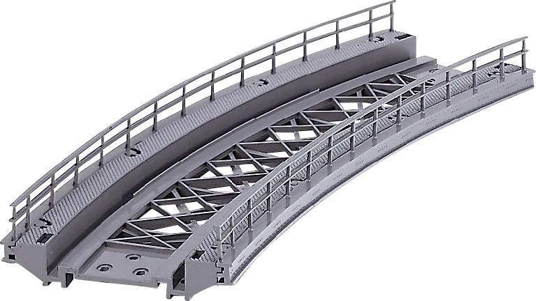 Šedý model železniční otočné platformy s zábradlím a křížovými vzpěrami, přizpůsobený pro modelové železniční krajiny.