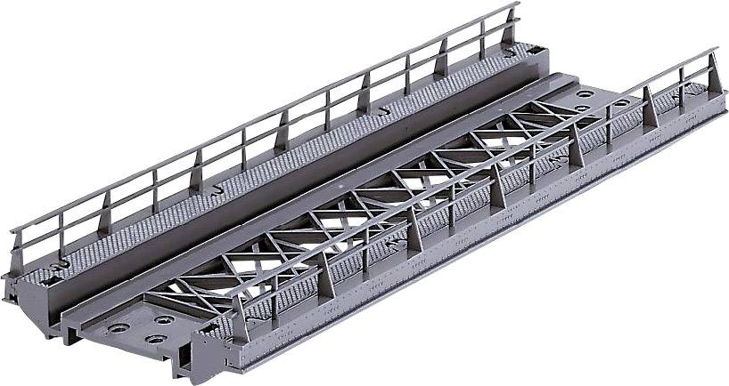 Šedý modelový most s zábradlím a mřížovou strukturou, pohled z bočního perspektivního úhlu. Vhodný pro modelové železnice nebo dioramata.