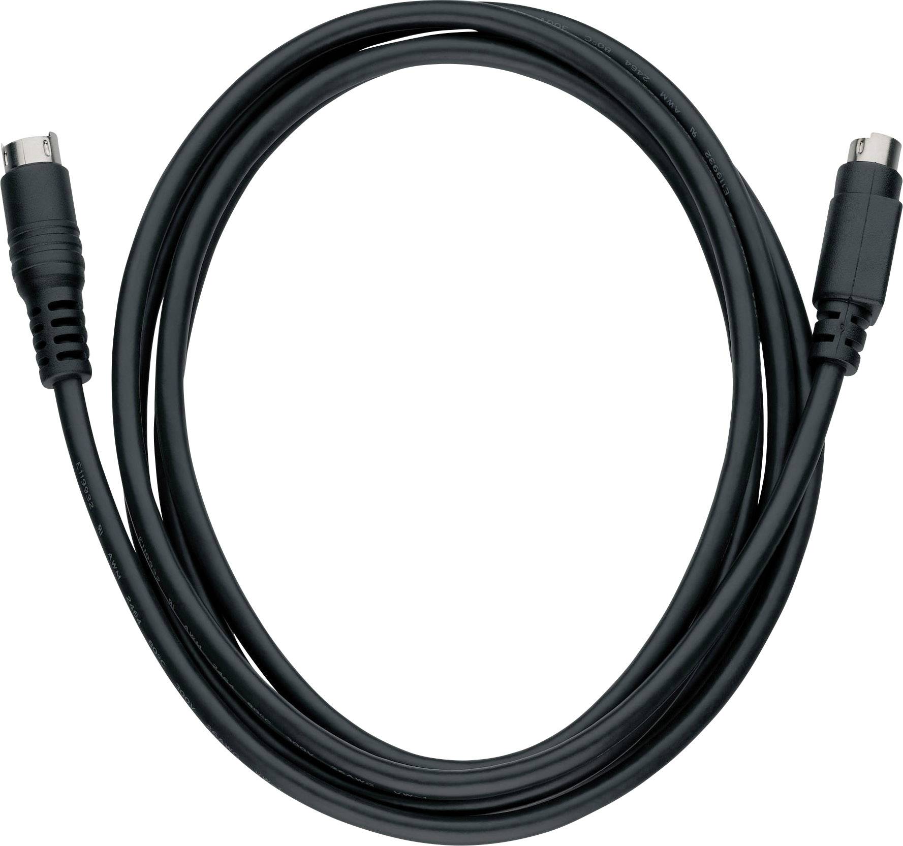 Černý USB kabel se zástrčkami na obou koncích, svinutý do kruhu.