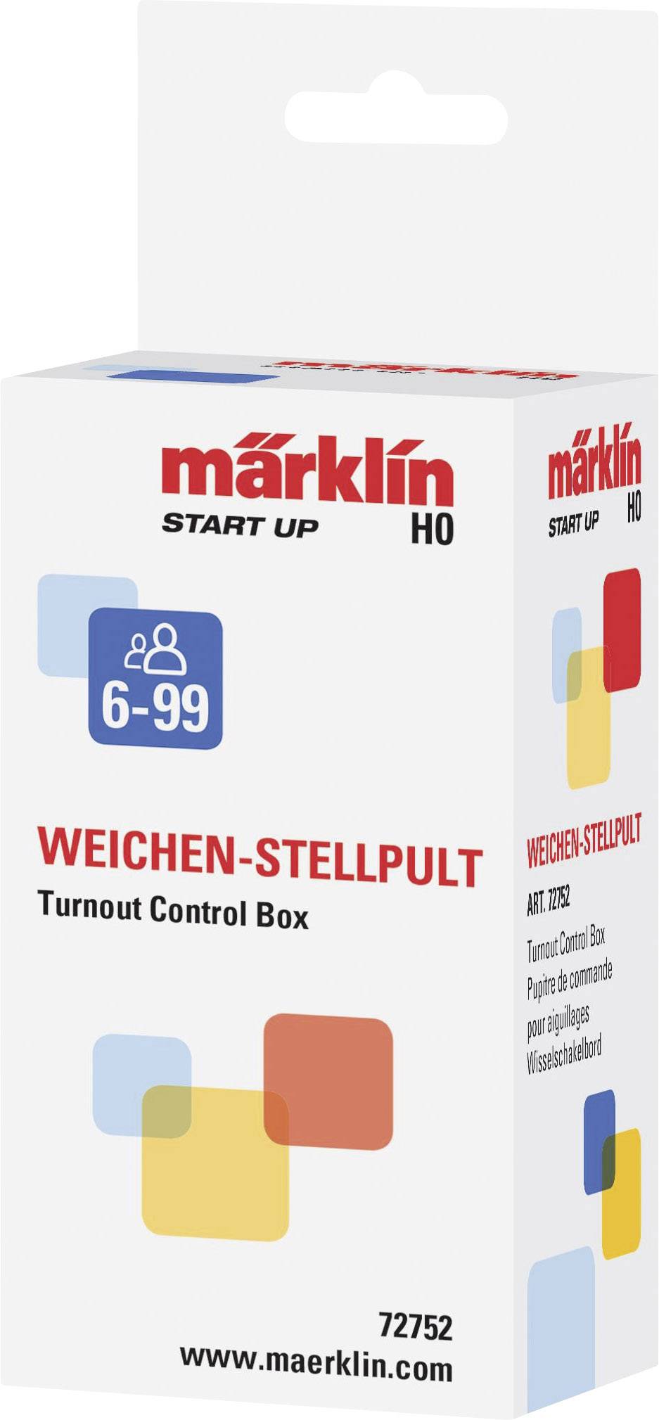 Balení spínací skříňky pro řízení výhybek od Märklinu. Vhodné pro věkovou skupinu 6-99. Firemní logo a produktové informace viditelné.