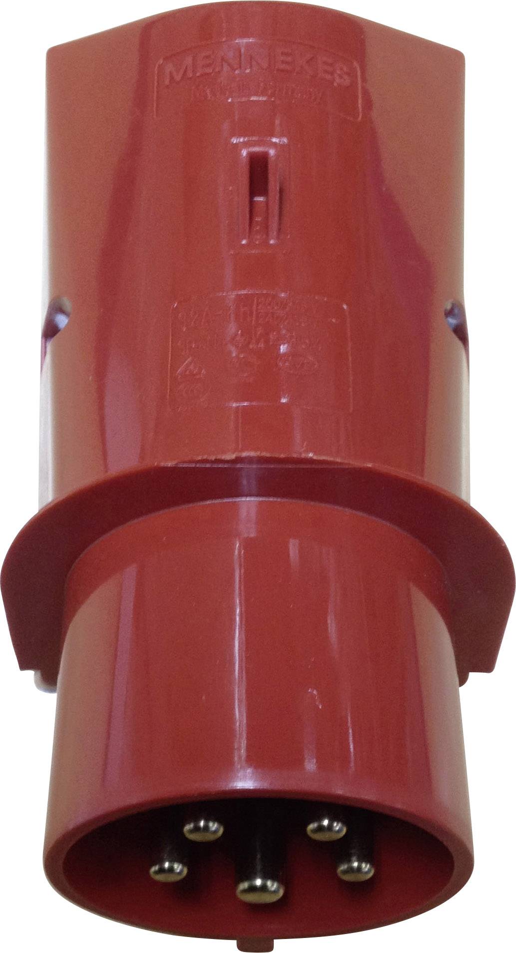 Červená průmyslová elektrická zásuvka s několika kolíky, primárně určená pro vysokonapěťové připojení v komerčních prostorách.