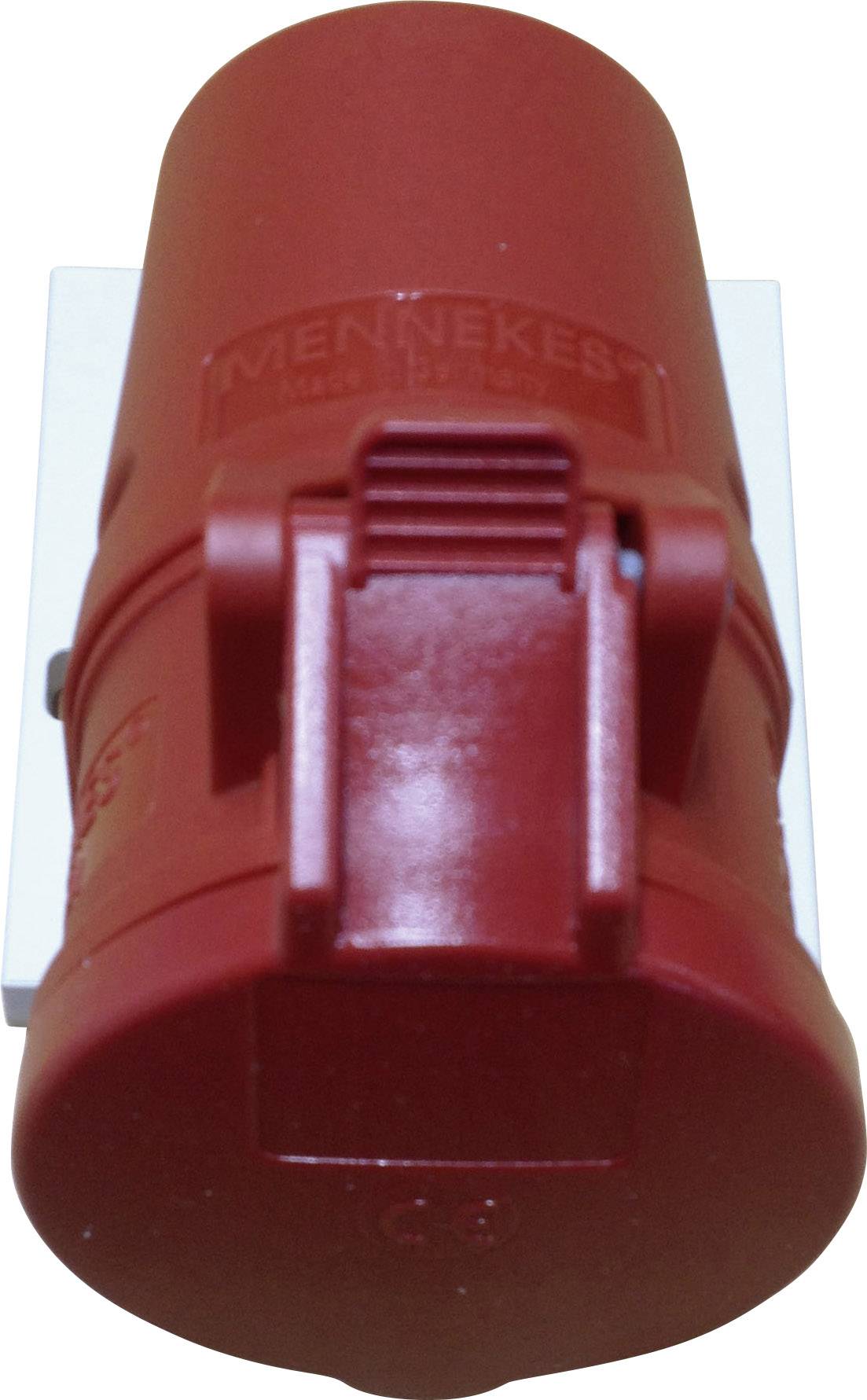 Červený elektrický konektor namontovaný na bílé zdi, s viditelným zajišťovacím mechanismem.