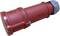 Červený válcový průmyslový konektor s šedým uzávěrem, používaný pro výkonná elektrická propojení v průmyslových aplikacích.