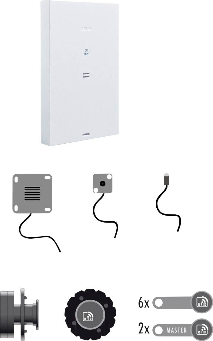 Elektronický systém zámku dveří se řídicí jednotkou, dvěma přístupovými kartami, kabeláží a komponenty pro instalaci.