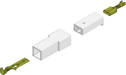 Diagram znázorňuje jednotlivé díly elektrického konektoru. Komponenty: dvě bílá pouzdra a dva kovové kontakty.