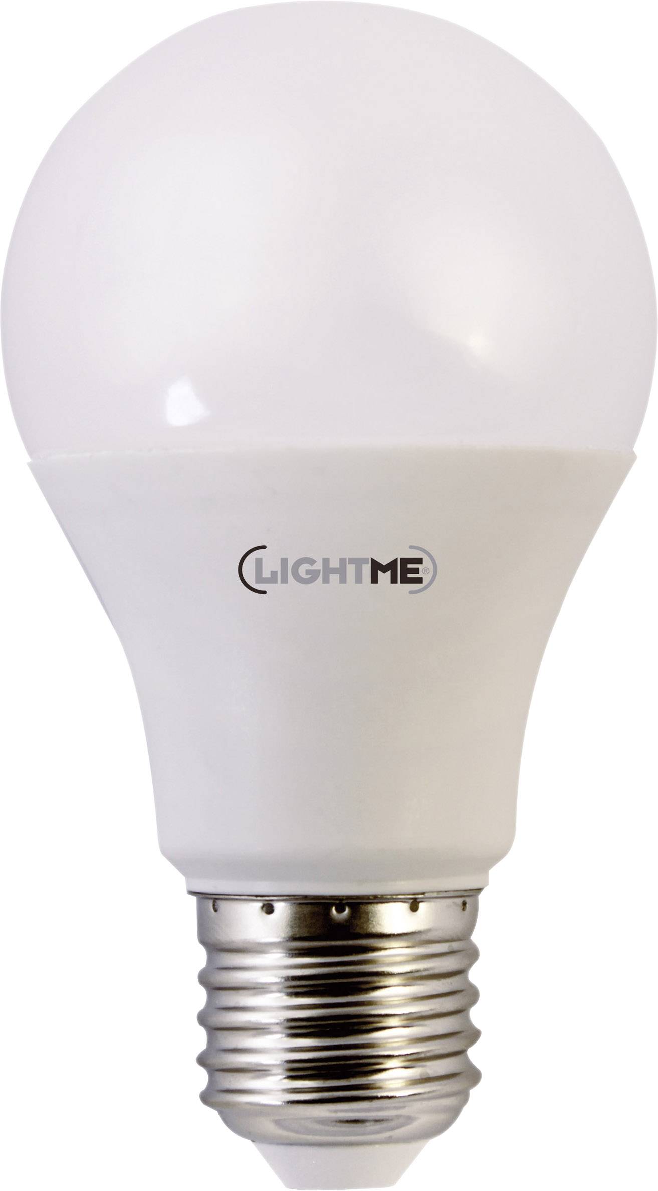 Bílá žárovka se vsazením E27; logo značky 'Lightme' viditelné na přední straně.