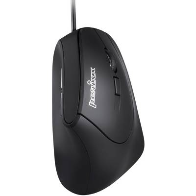 Černá ergonomická počítačová myš s kabelem a kolečkem pro rolování, pohled z boku.