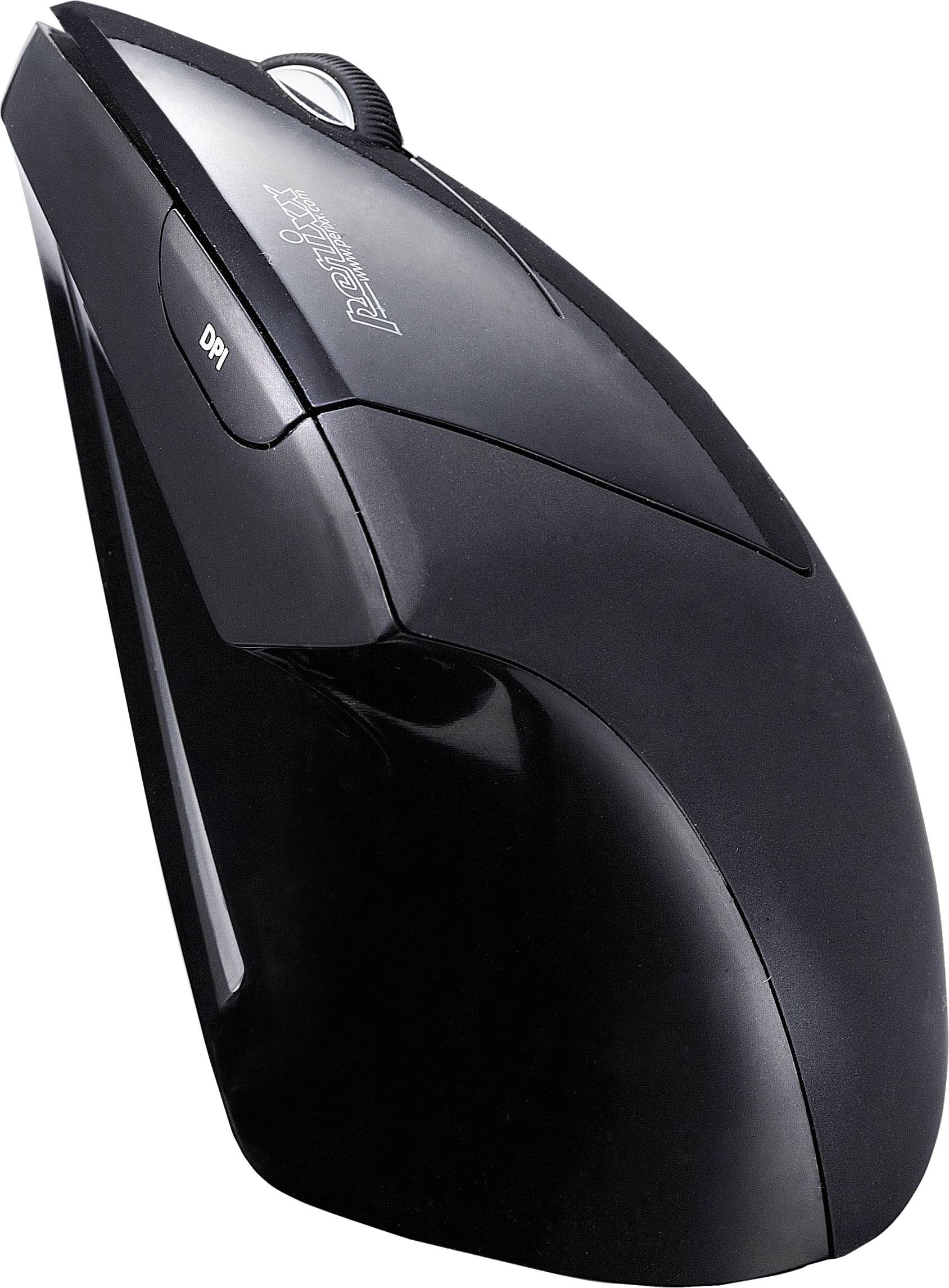 Černá ergonomická myš s vertikálním designem a tlačítkem DPI na boku.