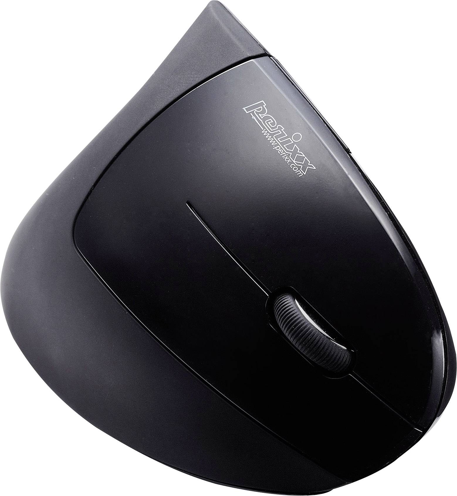 Černá vertikální počítačová myš s ergonomickým designem, který podporuje přirozenou polohu ruky.
