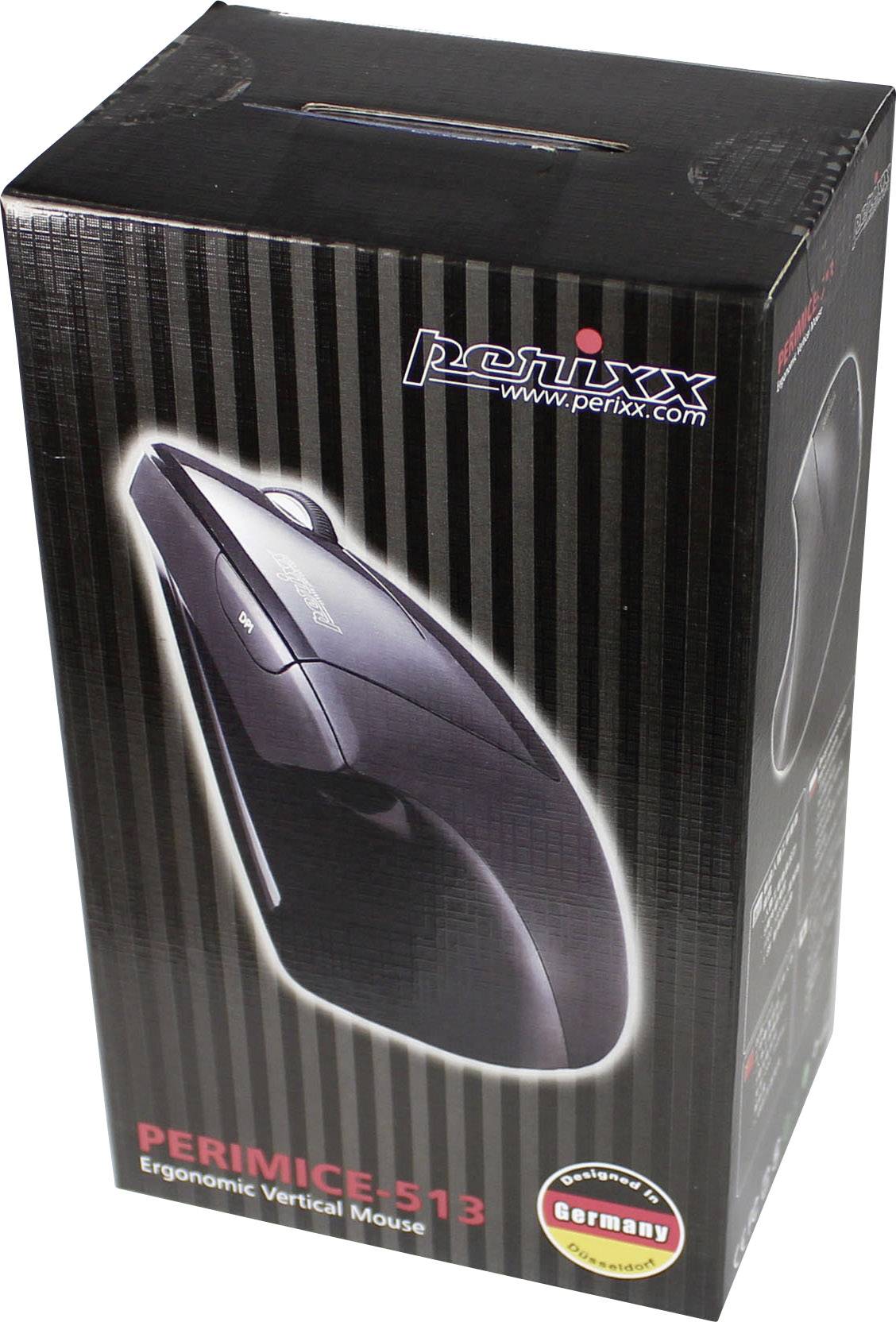 Černý obal ergonomické vertikální myši od Perixx, model 'PERIMICE-513', s německou pečetí kvality.