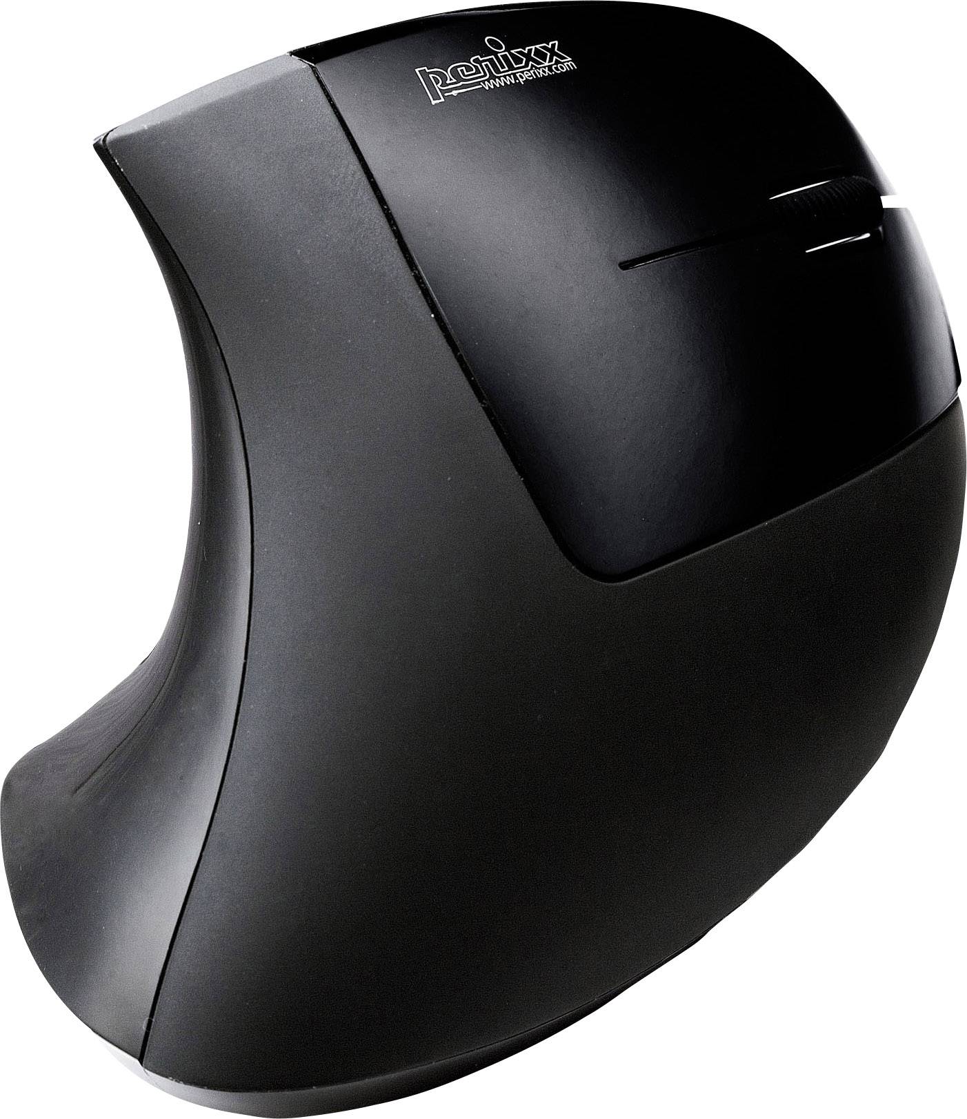 Černá ergonomická vertikální myš s prohnutým tvarem pro pohodlné uchopení a snížení tlaku na zápěstí.