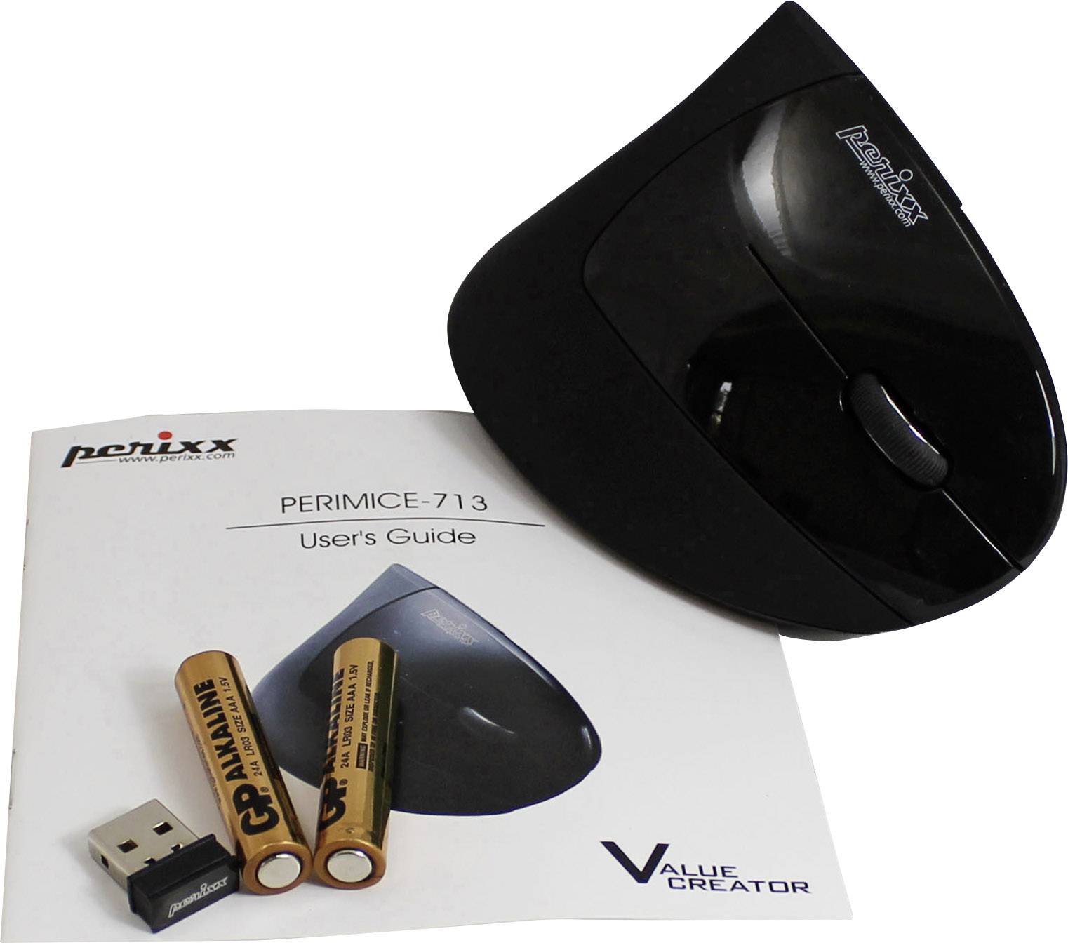Bezdrátová, vertikální počítačová myš s USB donglem, bateriemi a uživatelskou příručkou. Ideální pro ergonomickou polohu ruky.