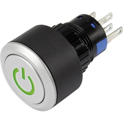 Černý kulatý knoflík se stříbrným okrajem a zeleným symbolem 'Power'. Připojovací kontakty viditelné na zadní straně.