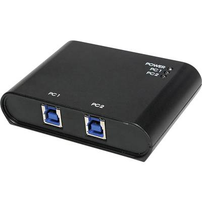 USB přepínač se dvěma USB porty, označenými jako PC 1 a PC 2, zobrazuje tři LED indikátory pro napájení a stav počítače.