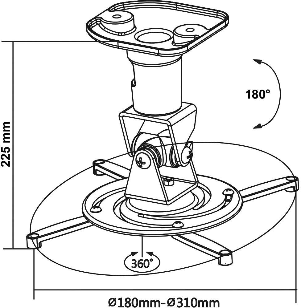 Diagram nastavitelného držáku projektoru s rotačním kloubem a montážní deskou. Rozměry: průměr 180-310 mm, výška 225 mm.