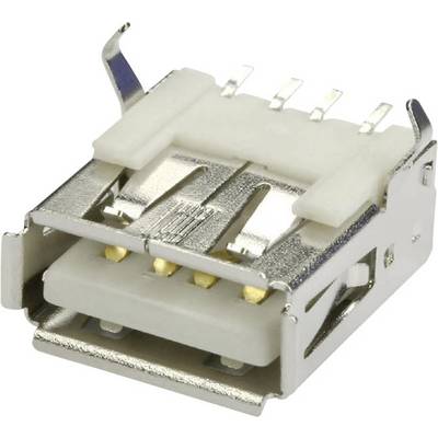 Detail USB konektoru v těsné blízkosti, zobrazující kovové kontakty a konstrukční prvky z kovu a plastu.