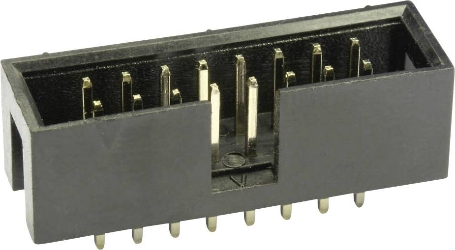 Černý elektronický konektor s několika zlatými kolíky pro elektronické připojení.