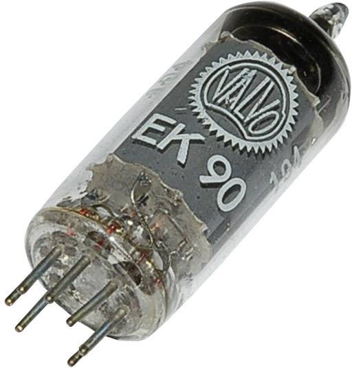 Elektronková lampa s nápisem 'EK 90' a logem 'Valvo'. Má několik kovových kolíků na jednom konci.