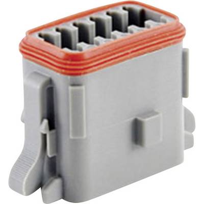 Šedý elektrický konektor s více kontakty a červeným těsnicím kroužkem, slouží k propojení elektrických kabelů.