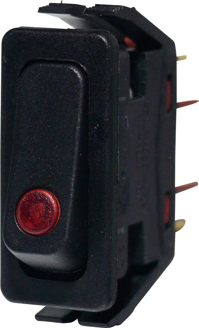 Černý výklopný spínač s červenou kontrolkou používaný pro ovládání elektrických zařízení, který zobrazuje stav 'Zapnuto' nebo 'Vypnuto'.