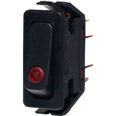 Černý výklopný spínač s červenou kontrolkou používaný pro ovládání elektrických zařízení, který zobrazuje stav 'Zapnuto' nebo 'Vypnuto'.