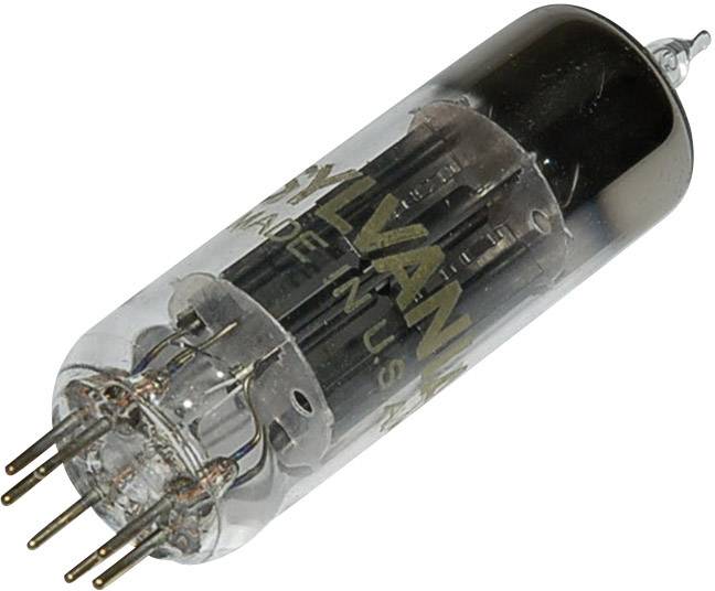 Skleněná vakuová elektronka společnosti Sylvania s kovovými kolíky a nápisem "MADE IN USA"; slouží ke zesílení elektrických signálů v zařízeních.