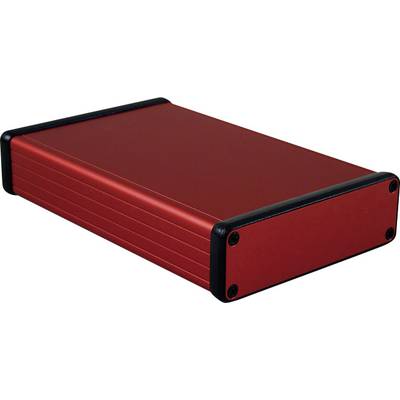 Červený hliníkový kryt obdélníkového tvaru s černými rohy, který by mohl sloužit jako externí obal pro pevný disk.